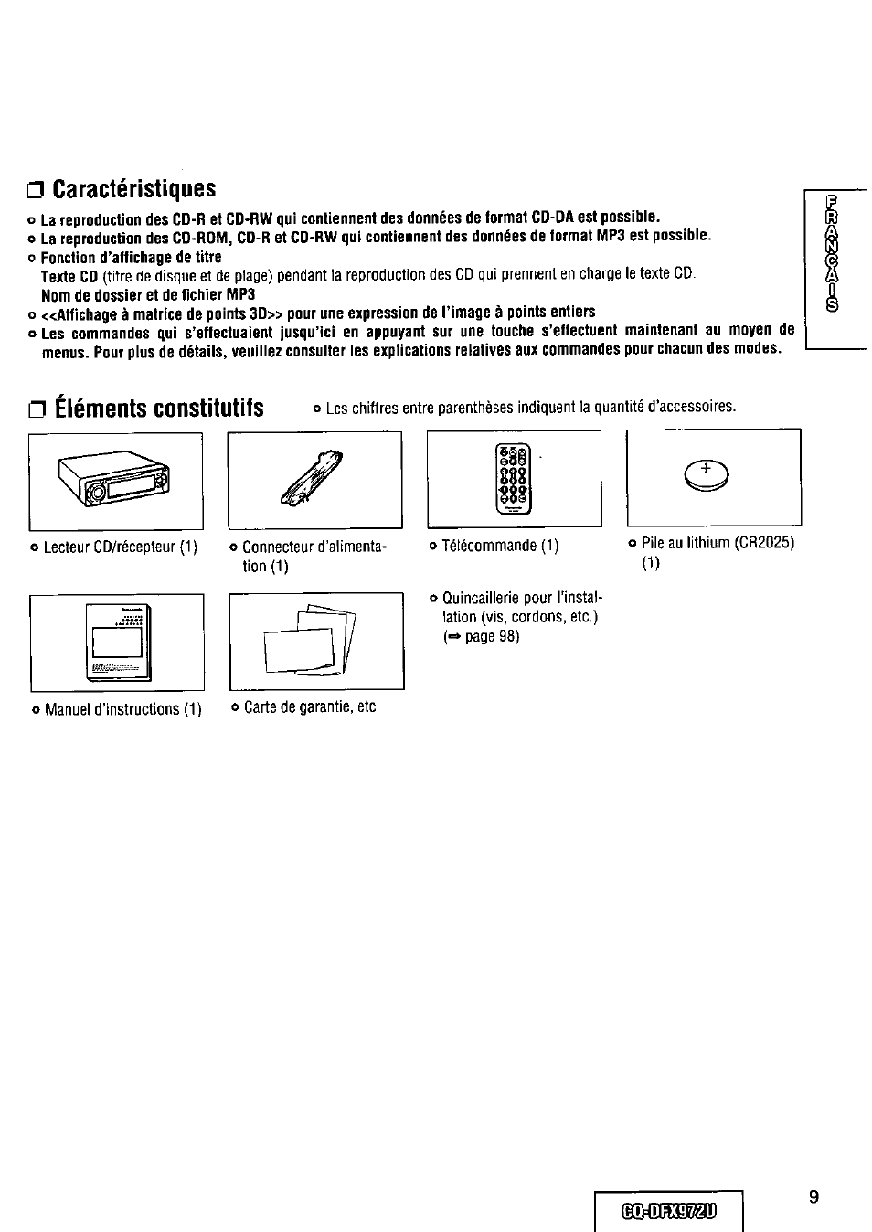 Caractéristiques, Eléments constitutifs | Panasonic FULL FRONT MP3 CD PLAYER CQ-DFX972U User Manual | Page 9 / 156