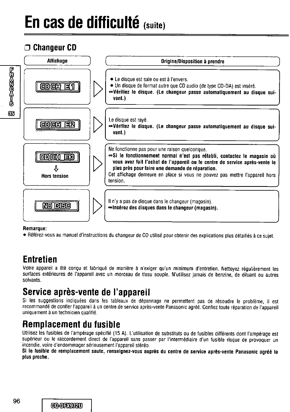 Changeur cd, Remarque, Entretien | Service après-vente de l’appareil, Remplacement du fusible, En cas de difficulté, Suite) | Panasonic FULL FRONT MP3 CD PLAYER CQ-DFX972U User Manual | Page 96 / 156