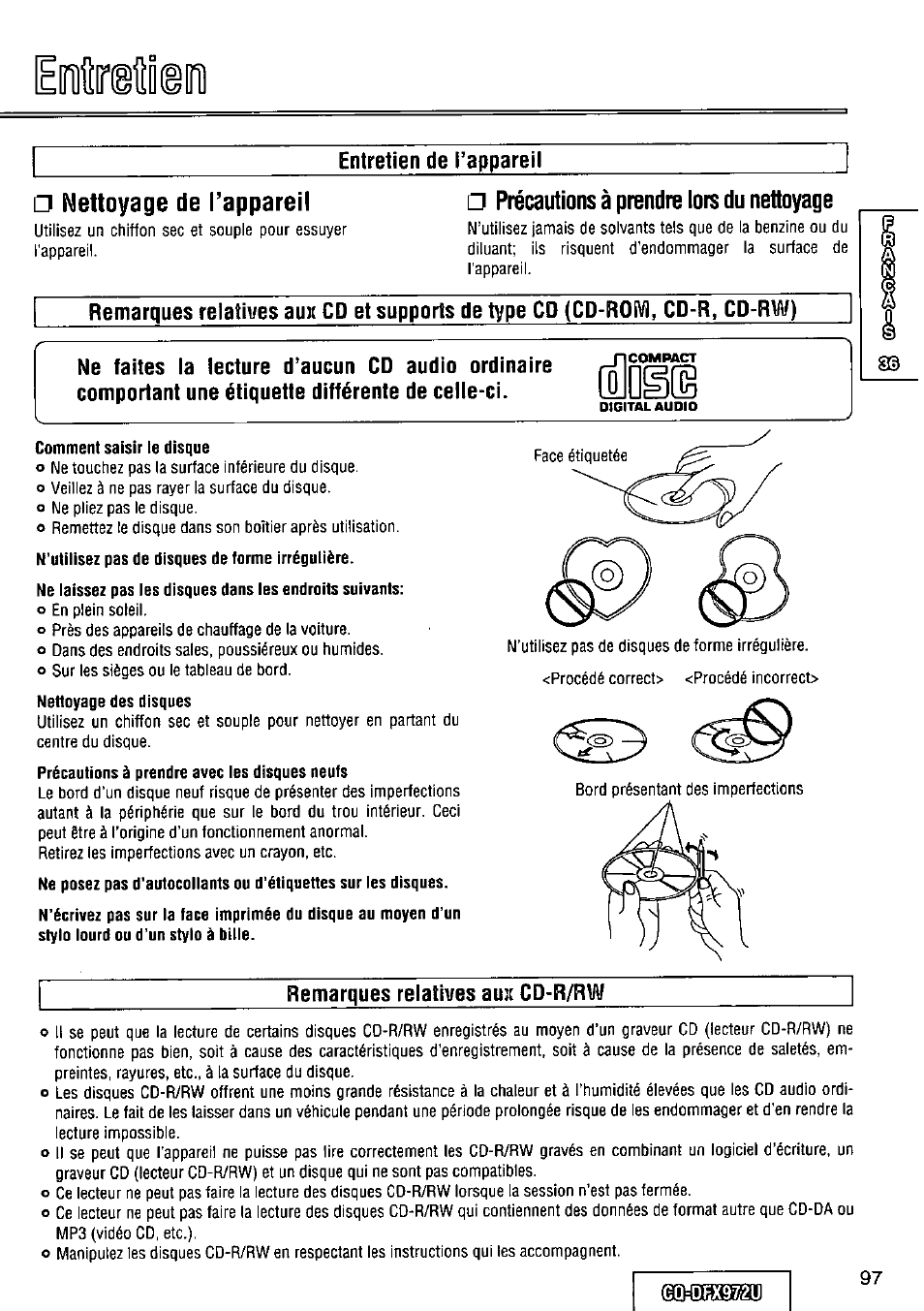 Entretien de l'appareil, Précautions à prendre lots du nettoyage, Comment saisir le disque | Remarques relatives au;c cd-r/rw, Nettoyage de l’appareil | Panasonic FULL FRONT MP3 CD PLAYER CQ-DFX972U User Manual | Page 97 / 156