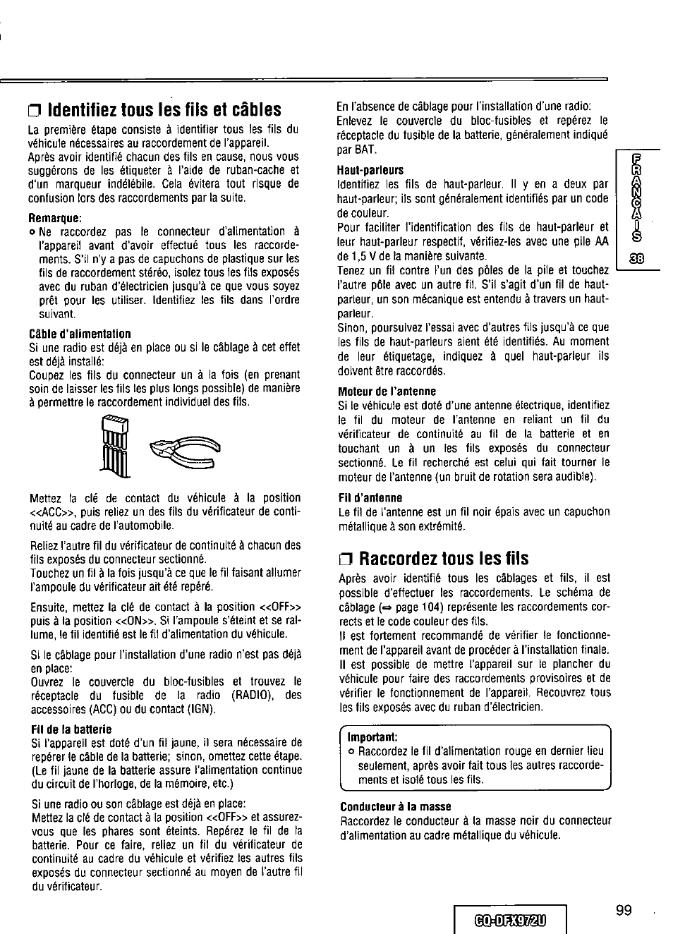 Identifiez tous les fils et câbles, Câble d’alimentation, Fil de la batterie | Moteur de l’antenne, Fil d’antenne, Raccordez tous les fils, Conducteur à la masse, Cqïdex912u | Panasonic FULL FRONT MP3 CD PLAYER CQ-DFX972U User Manual | Page 99 / 156