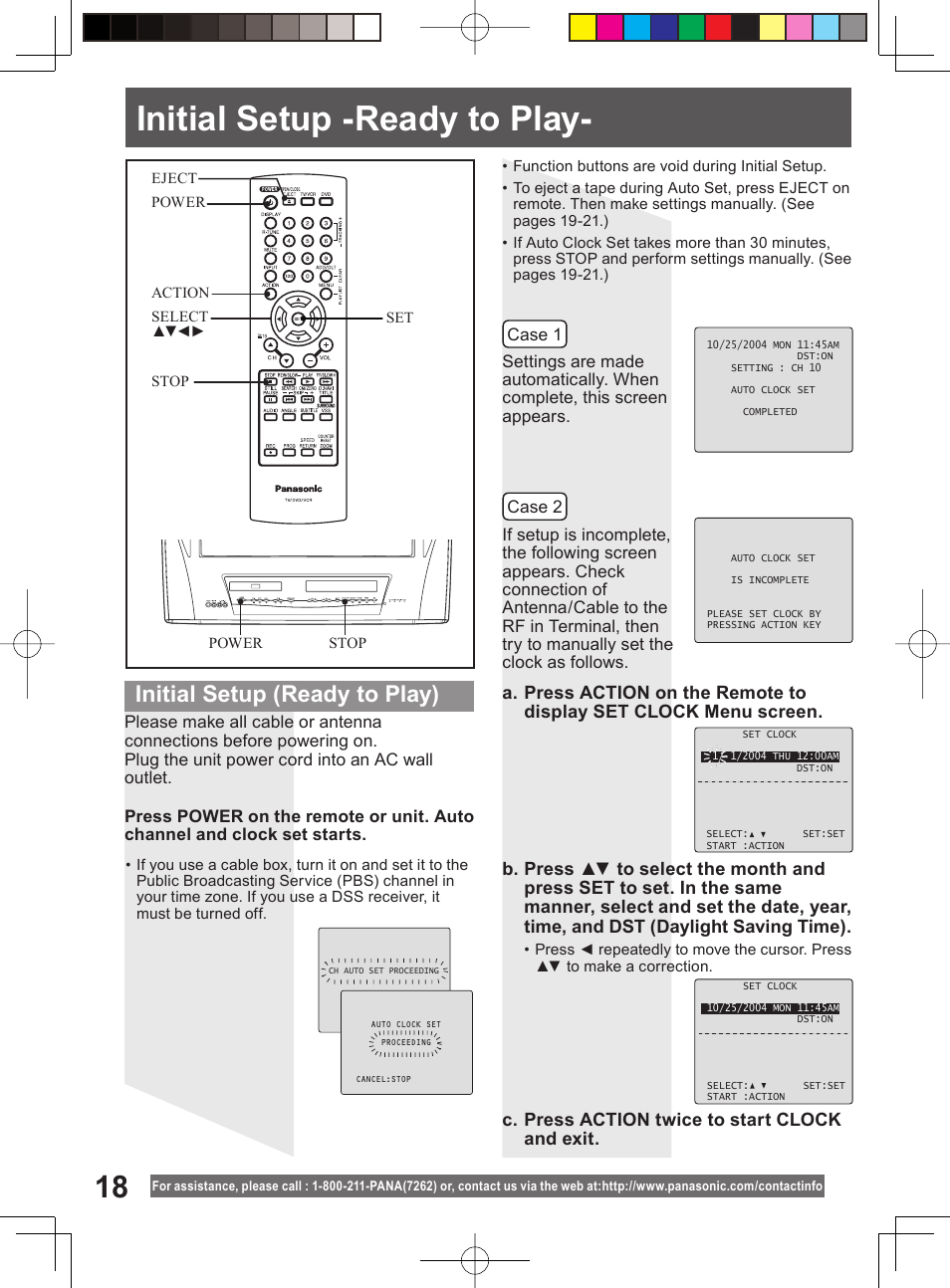 Tv and vcr operation, Initial setup-ready to play, Initial setup -ready to play | Initial setup (ready to play) | Panasonic PV-DM2794 User Manual | Page 18 / 84