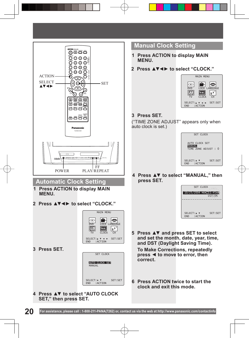 Manual clock setting, Automatic clock setting, 4 press ▲▼ to select “manual,” then press set | Panasonic PV-DM2794 User Manual | Page 20 / 84