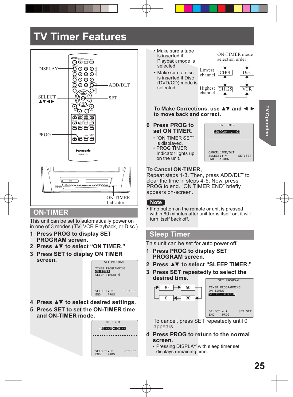 Tv timer features, On-timer sleep timer | Panasonic PV-DM2794 User Manual | Page 25 / 84