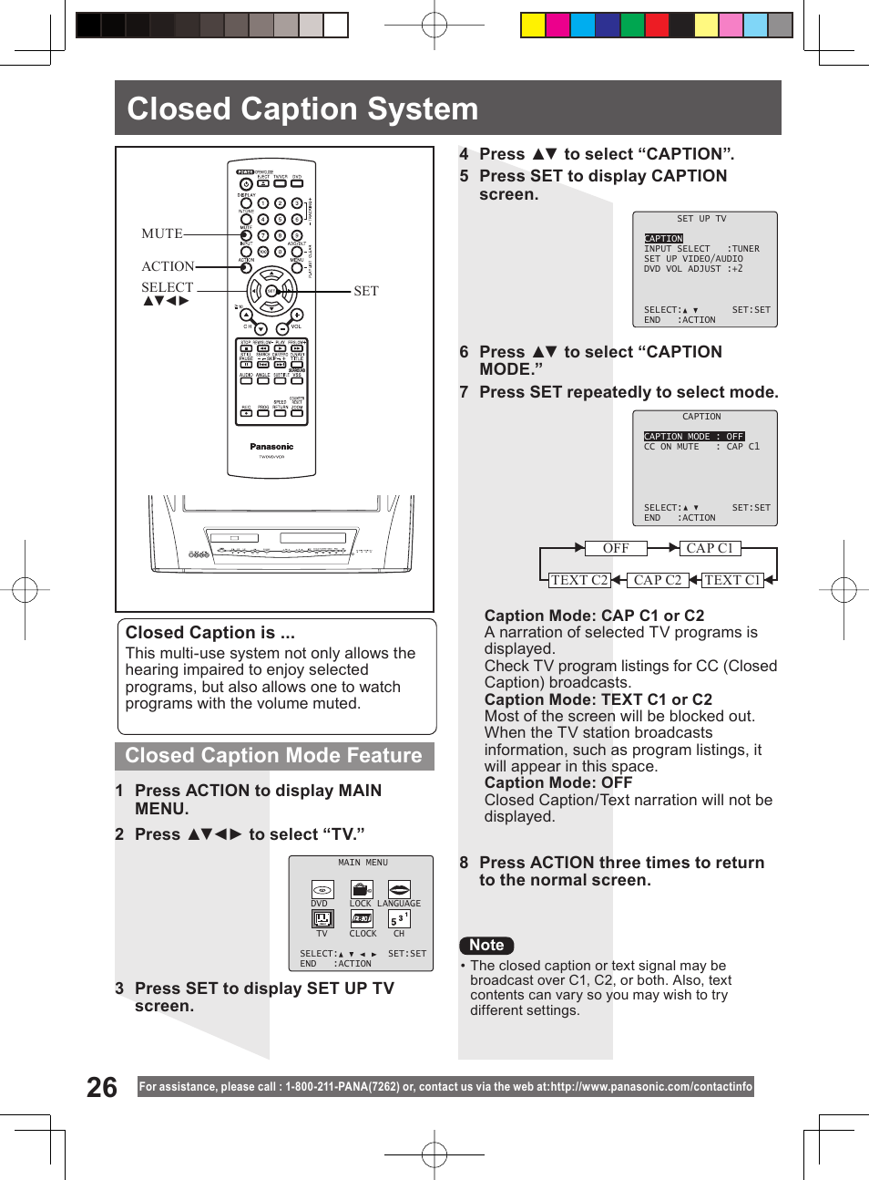 Closed caption system, Closed caption mode feature, Closed caption is | Panasonic PV-DM2794 User Manual | Page 26 / 84