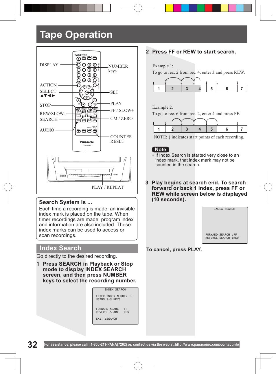 Tape operation, Index search | Panasonic PV-DM2794 User Manual | Page 32 / 84