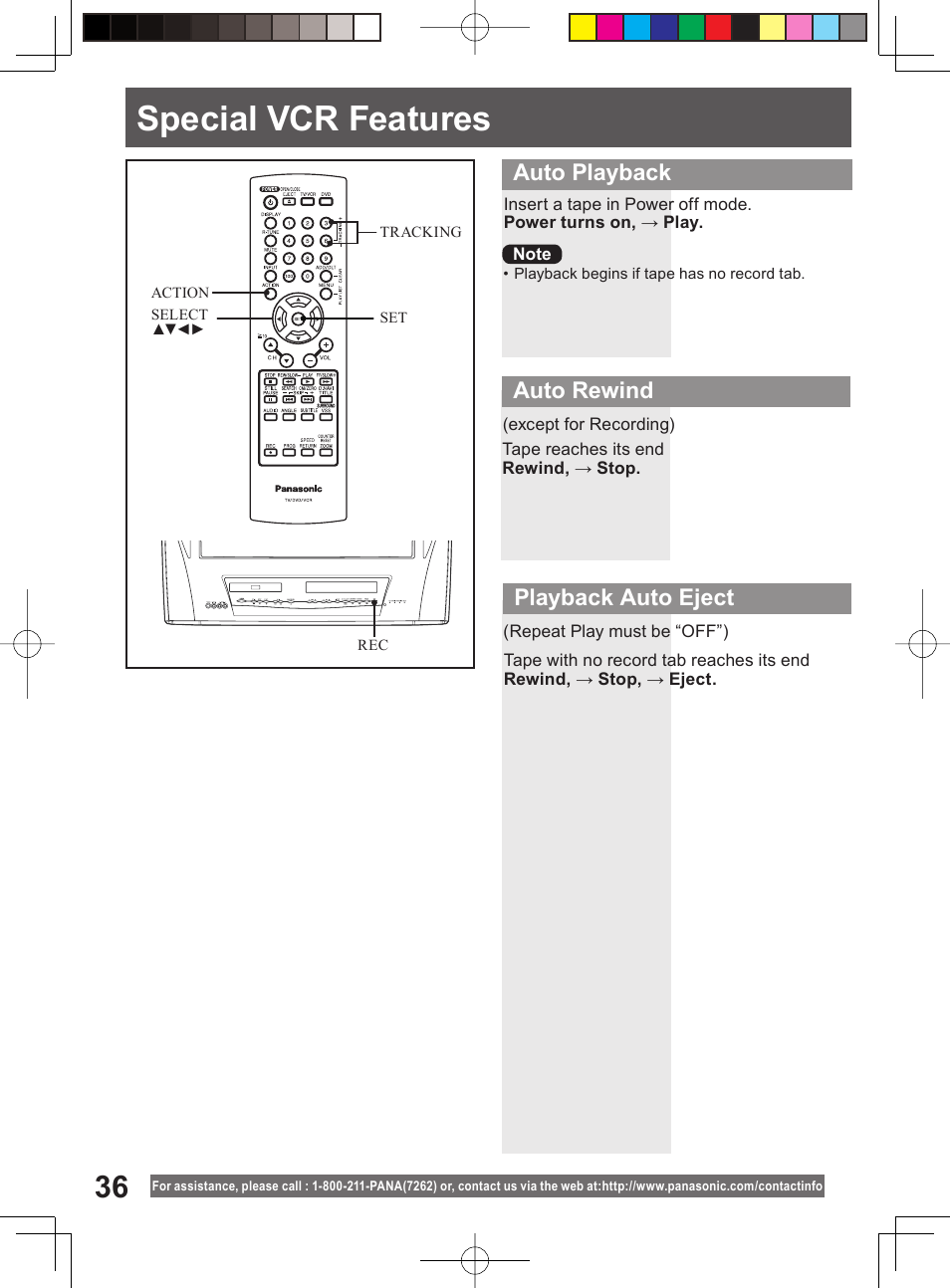 Special vcr features, Auto playback auto rewind playback auto eject | Panasonic PV-DM2794 User Manual | Page 36 / 84