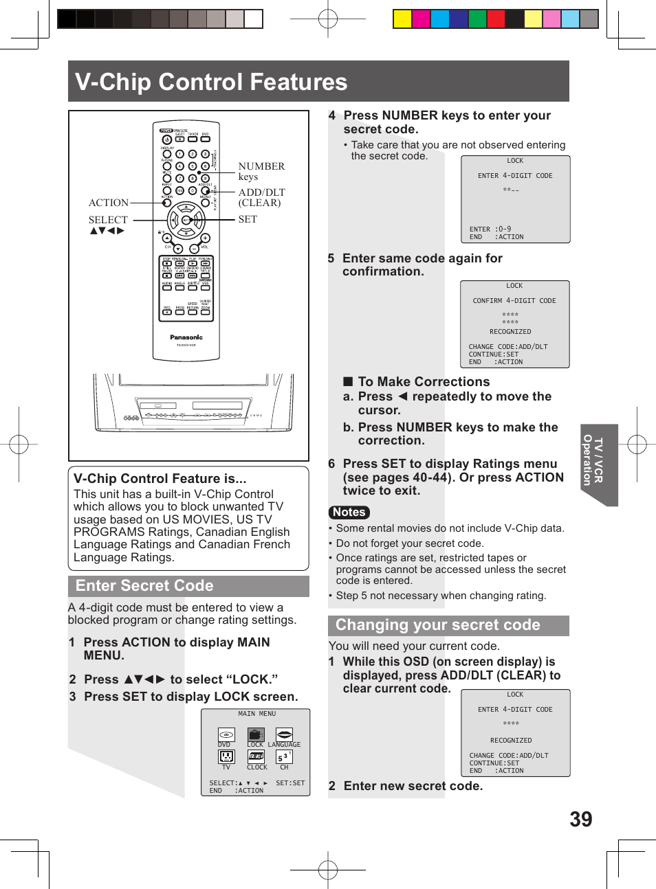 V-chip control features, Enter secret code, Changing your secret code | V-chip control feature is | Panasonic PV-DM2794 User Manual | Page 39 / 84