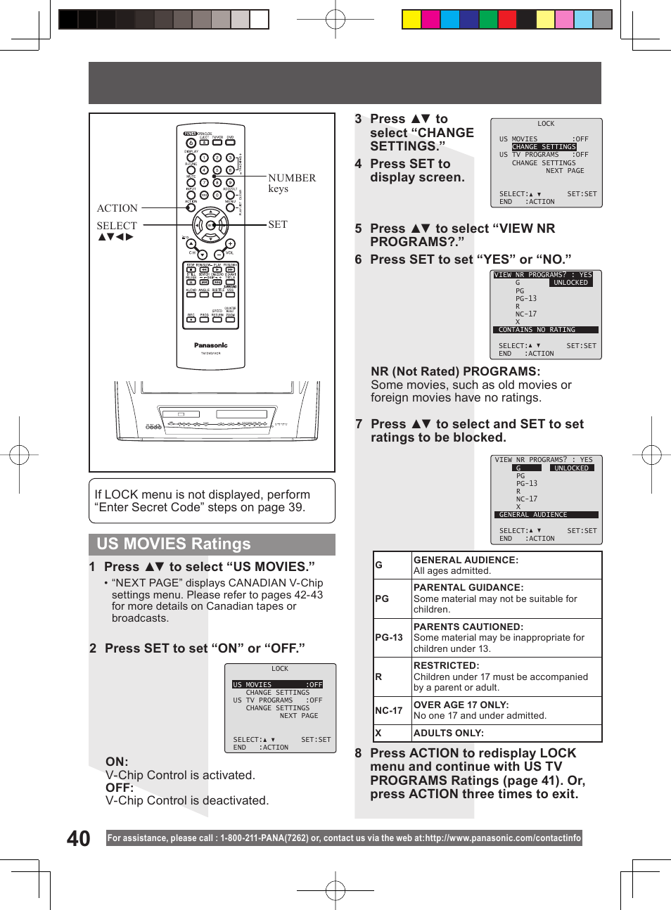 Us movies ratings, 1 press ▲▼ to select “us movies, 2 press set to set “on” or “off | Panasonic PV-DM2794 User Manual | Page 40 / 84