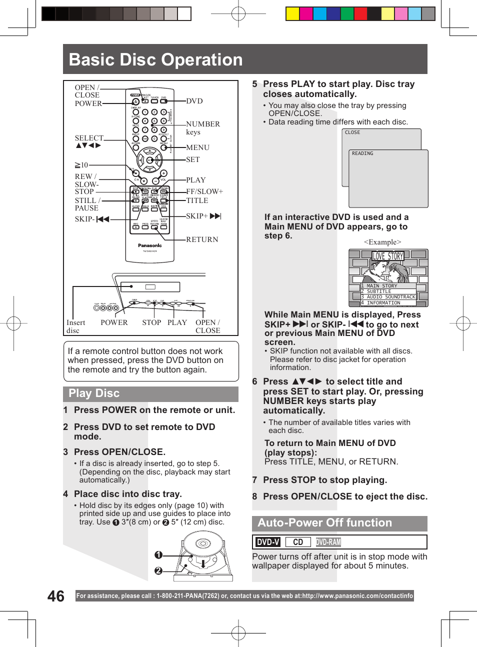 Disc operation, Basic disc operation, Play disc | Auto-power off function, Love story | Panasonic PV-DM2794 User Manual | Page 46 / 84