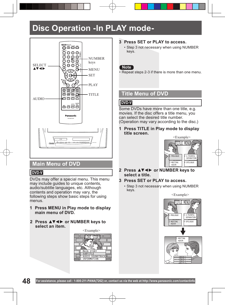 Disc operation -in play mode, Main menu of dvd title menu of dvd, Title menu | Love story | Panasonic PV-DM2794 User Manual | Page 48 / 84