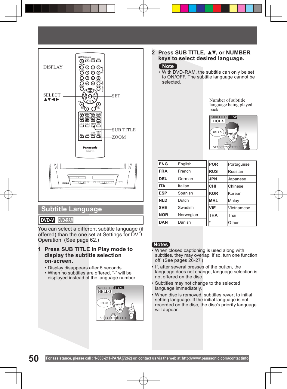 Subtitle language | Panasonic PV-DM2794 User Manual | Page 50 / 84