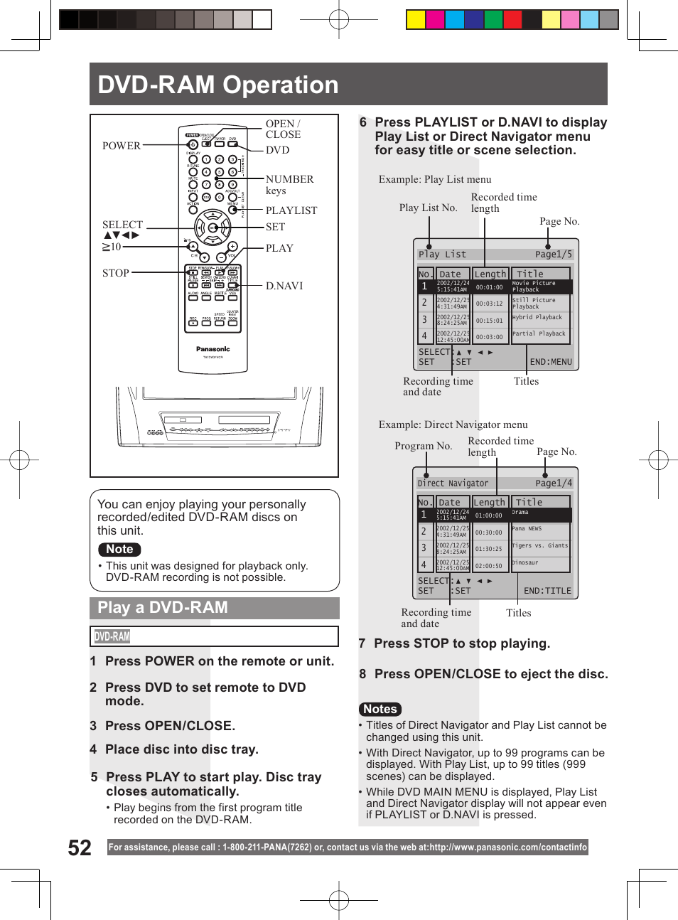 Dvd-ram operation, Play a dvd-ram, 2 press dvd to set remote to dvd mode | Panasonic PV-DM2794 User Manual | Page 52 / 84