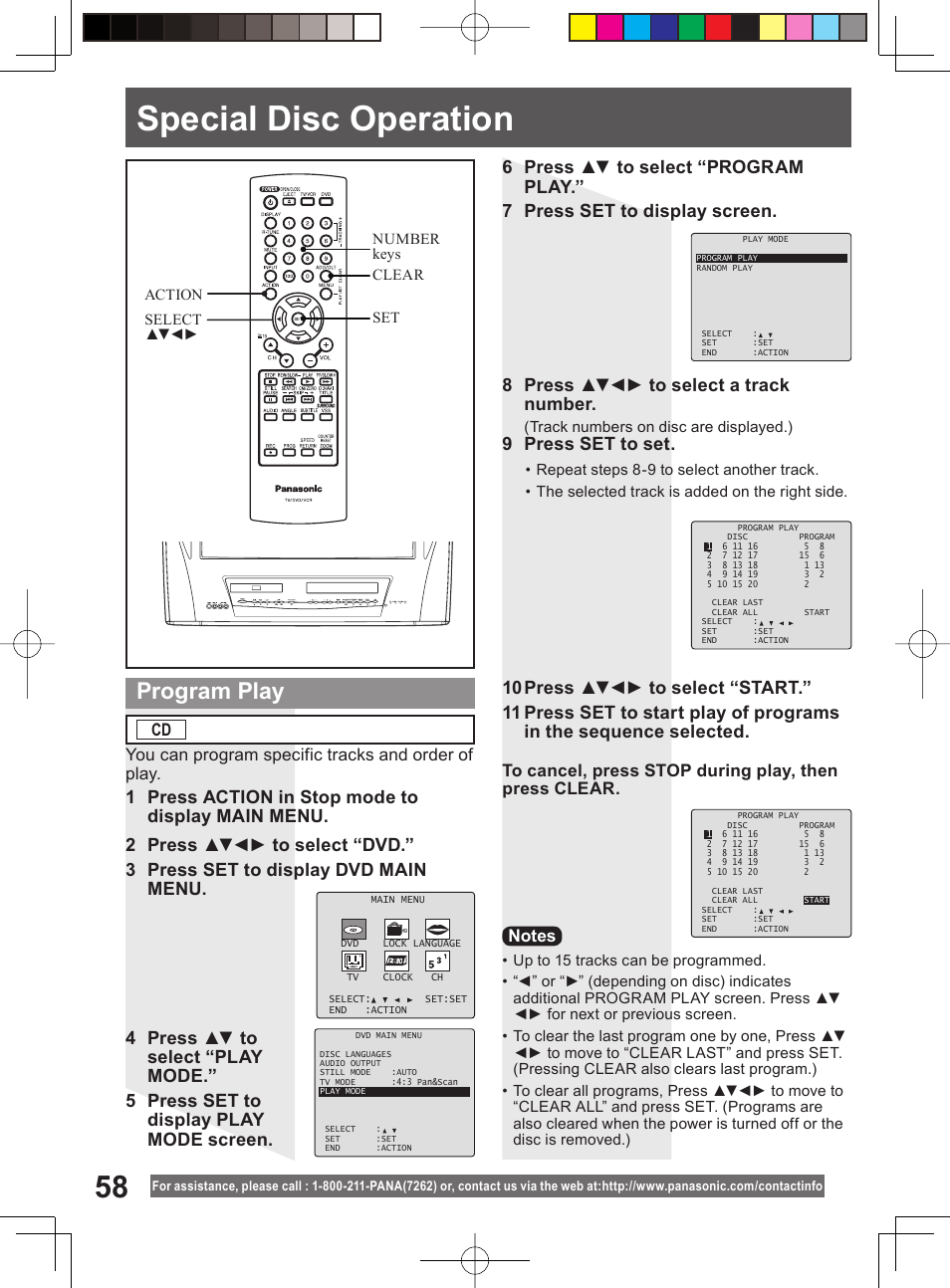 Special disc operation, Program play, 9 press set to set | You can program specific tracks and order of play | Panasonic PV-DM2794 User Manual | Page 58 / 84