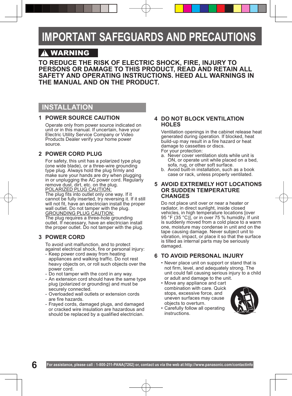 Important safeguards and precautions, Important safeguards and pre cau tions, Installation | Warning | Panasonic PV-DM2794 User Manual | Page 6 / 84