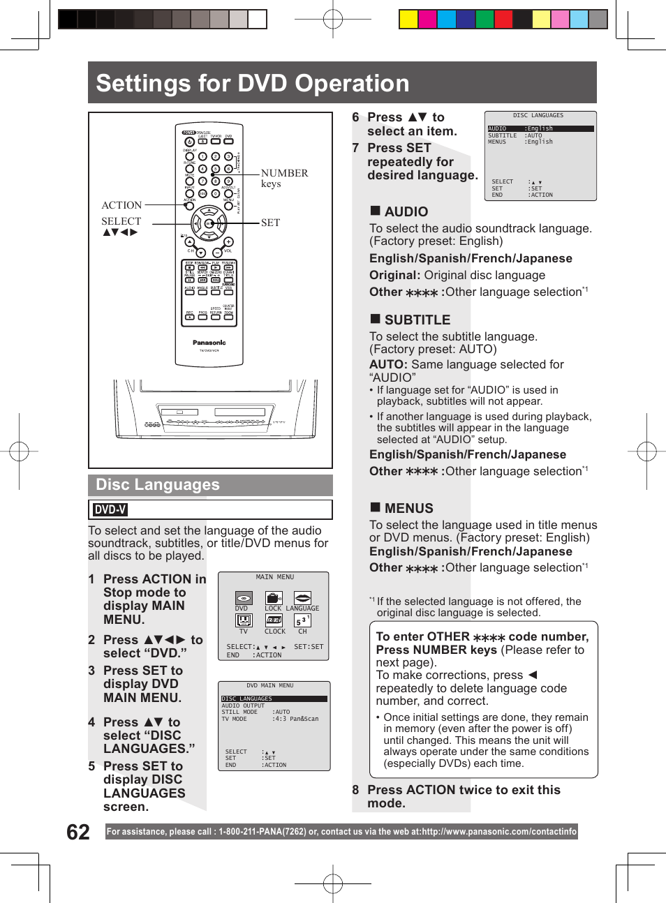 Settings for dvd operation, Disc languages, Audio | Subtitle, Menus | Panasonic PV-DM2794 User Manual | Page 62 / 84