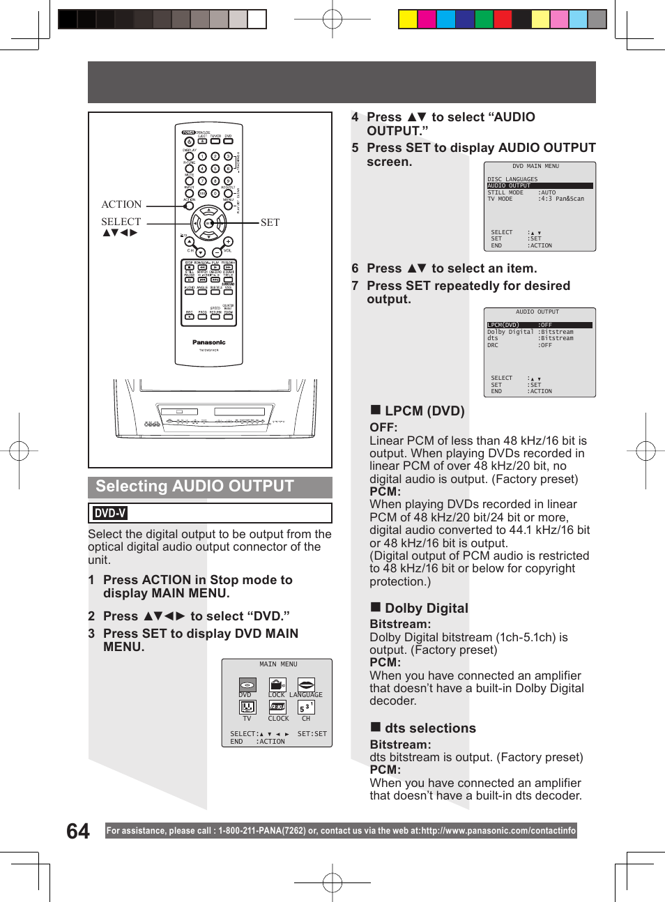 Selecting audio output, Lpcm (dvd), Dolby digital | Dts selections | Panasonic PV-DM2794 User Manual | Page 64 / 84