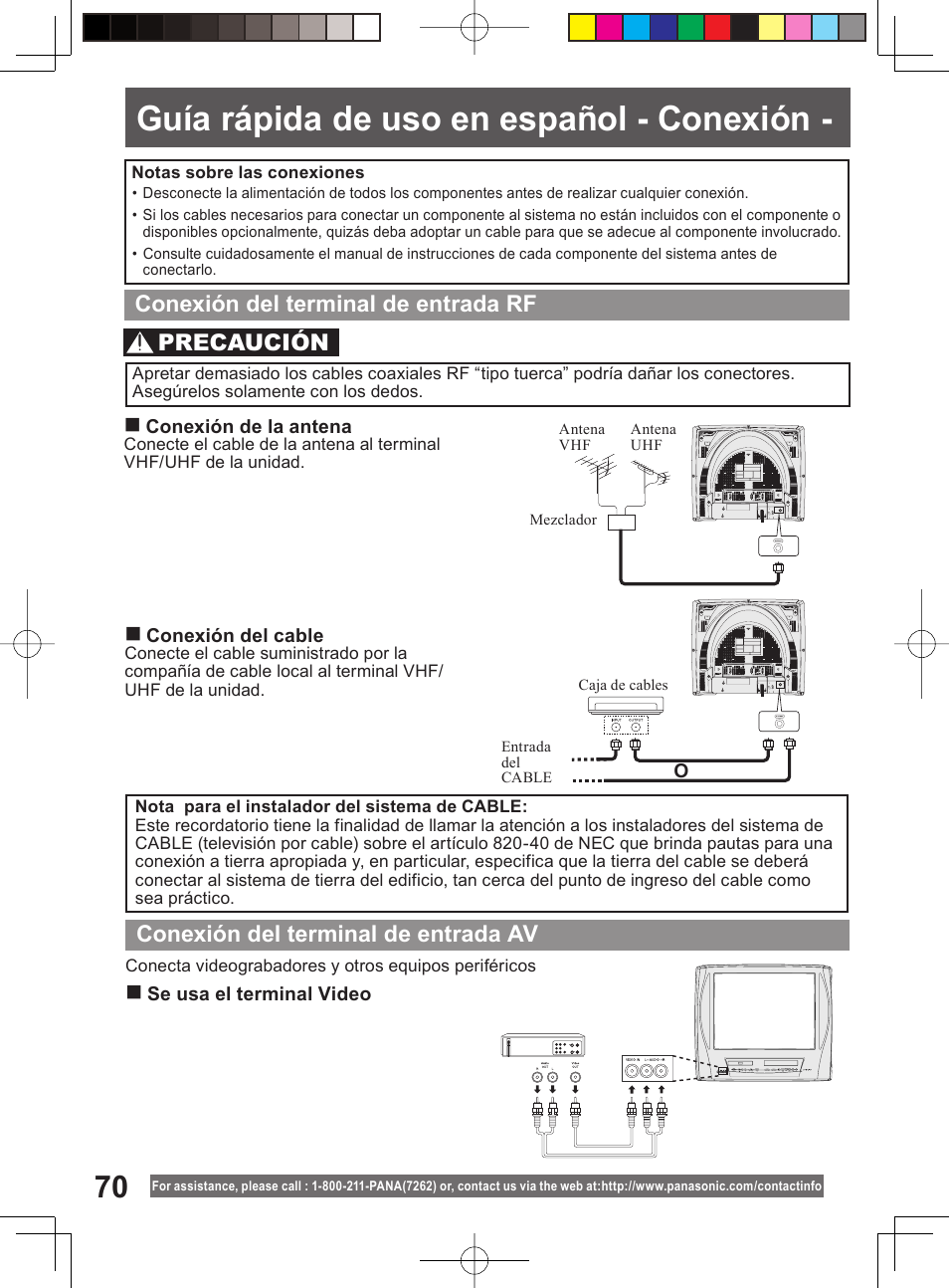 Spanish quick guide, Guía rápida de uso en español - conexión, Conexión del terminal de entrada rf | Conexión del terminal de entrada av, Precaución | Panasonic PV-DM2794 User Manual | Page 70 / 84