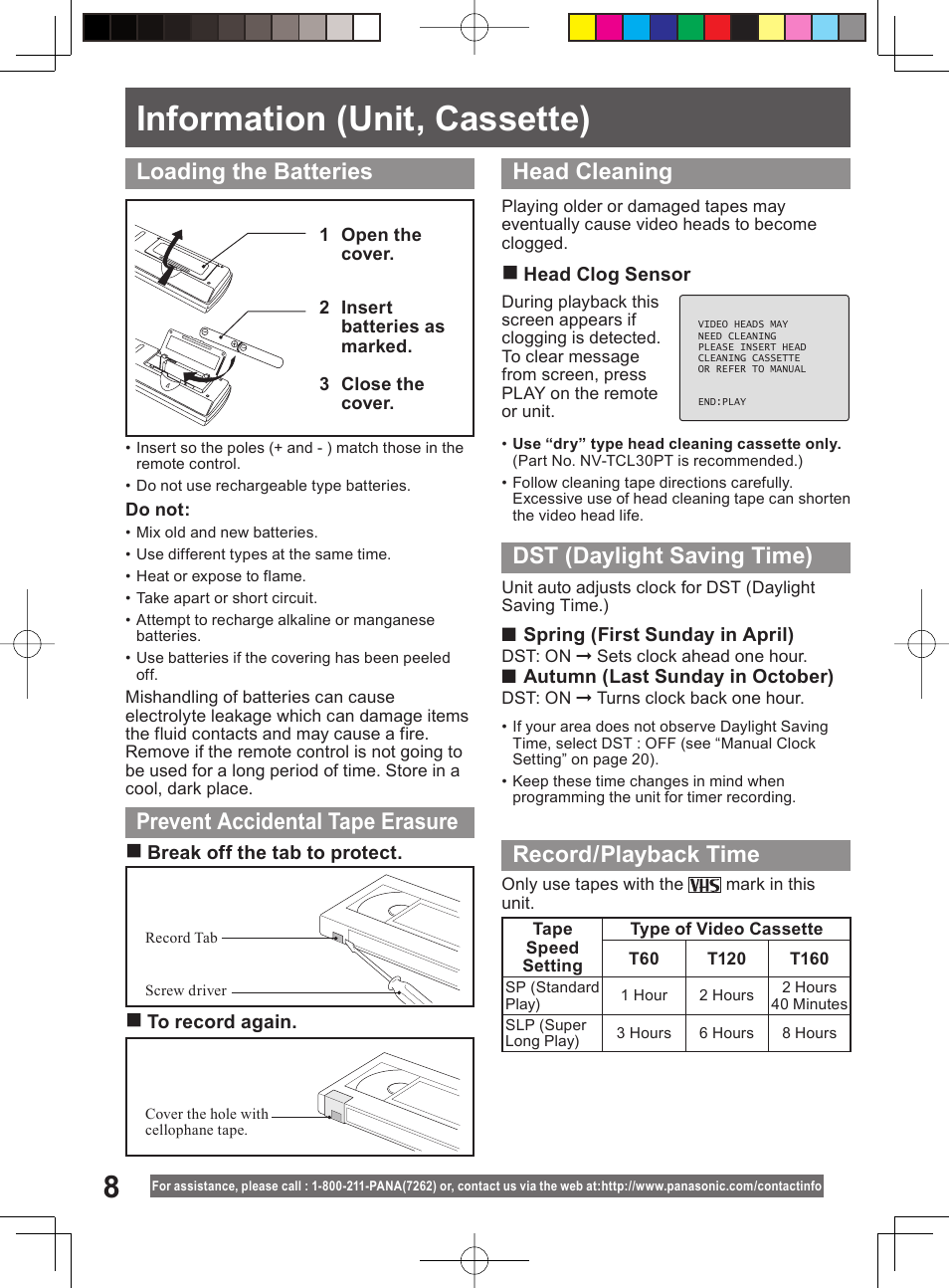 Information (unit, cassette), Record/playback time, Dst (daylight saving time) | Panasonic PV-DM2794 User Manual | Page 8 / 84