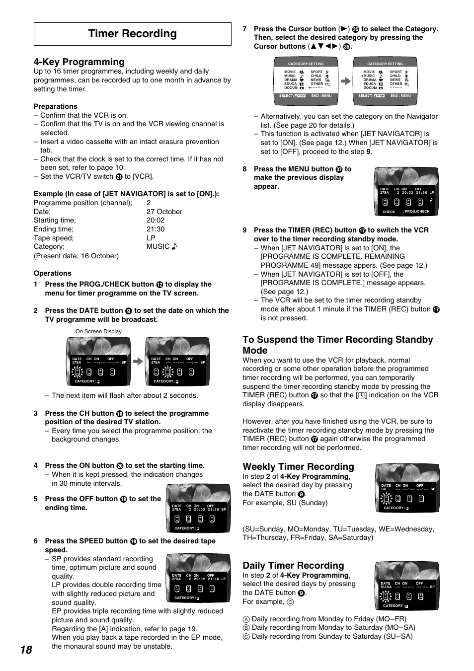 Timer recording, Weekly timer recording, Daily timer recording | Key programming | Panasonic NV-FJ630AM User Manual | Page 18 / 24