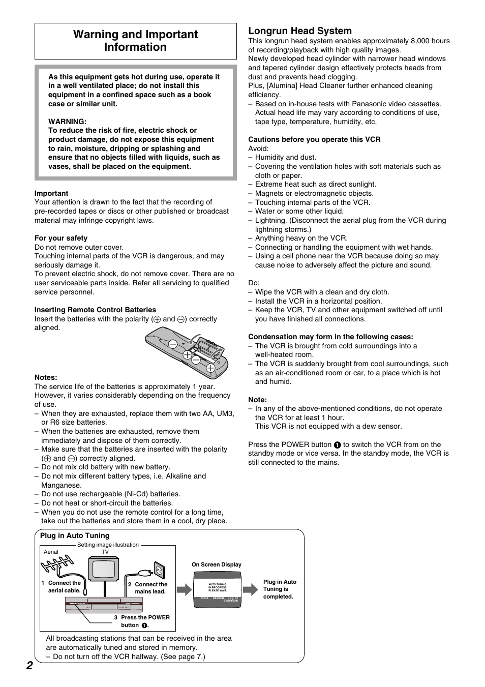 2warning and important information, Longrun head system | Panasonic NV-FJ630AM User Manual | Page 2 / 24