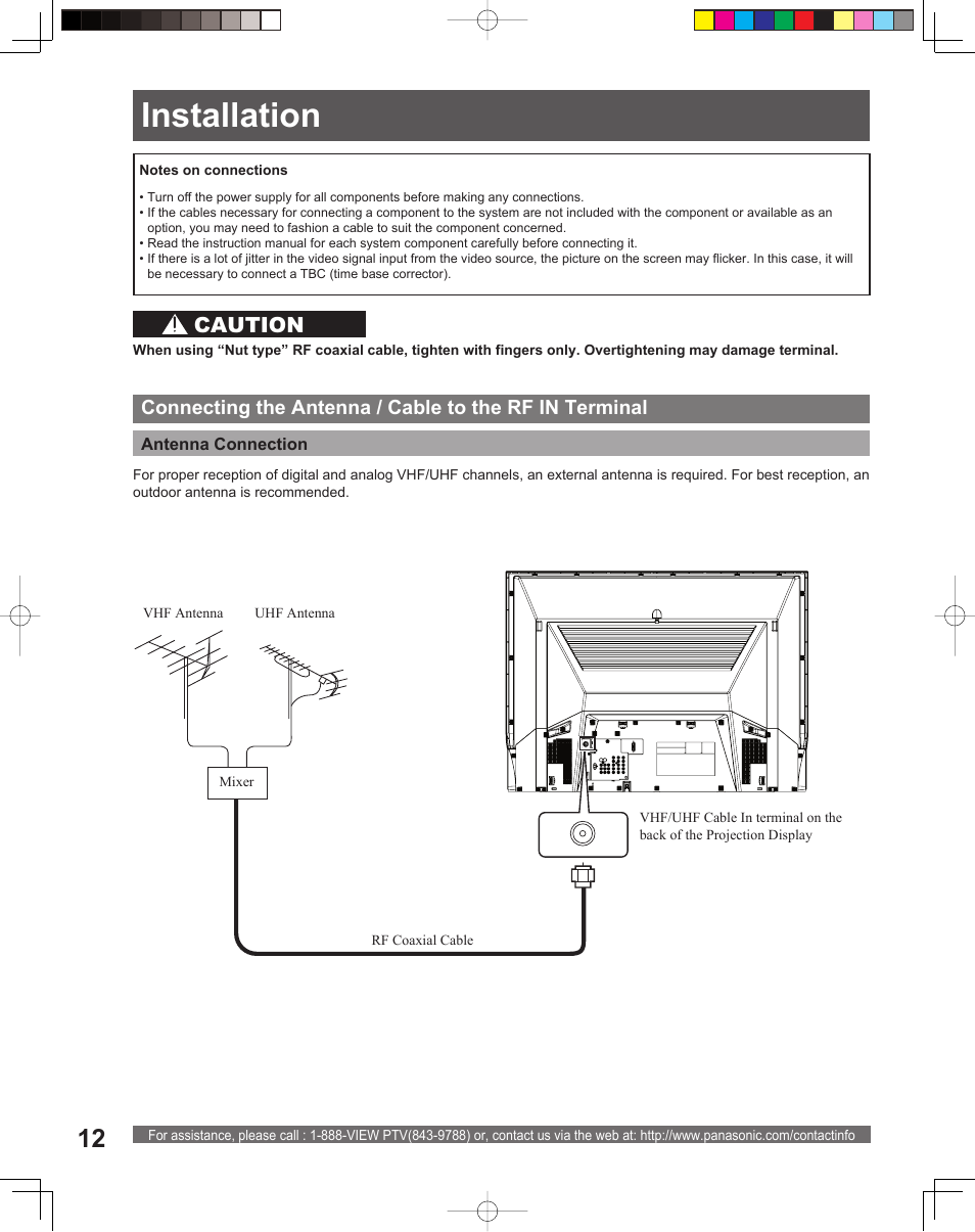 Installation, Caution | Panasonic PT-52LCX15 User Manual | Page 12 / 80
