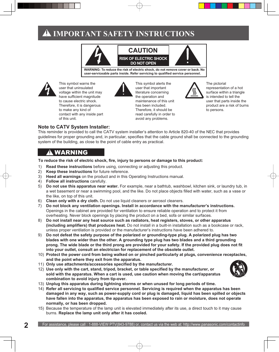 Important safety instructions, Caution, Warning | Panasonic PT-52LCX15 User Manual | Page 2 / 80