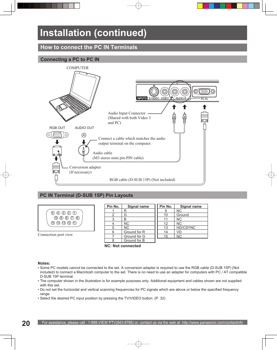 Installation (continued), How to connect the pc in terminals | Panasonic PT-52LCX15 User Manual | Page 20 / 80