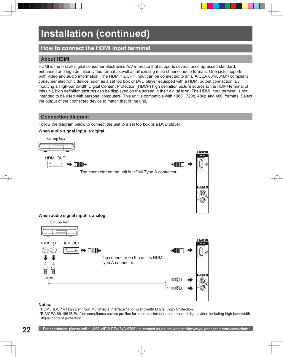 Installation (continued), How to connect the hdmi input terminal | Panasonic PT-52LCX15 User Manual | Page 22 / 80