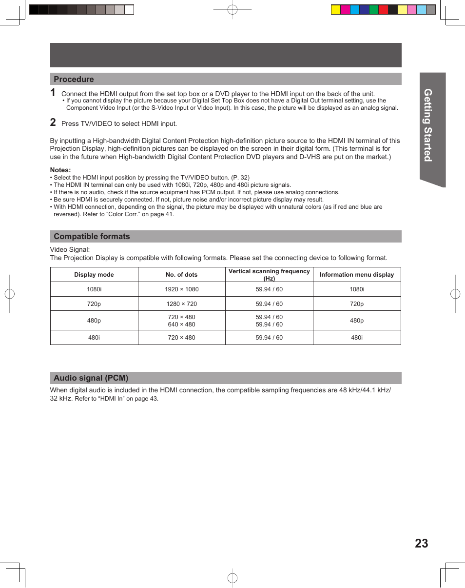 Getting start ed | Panasonic PT-52LCX15 User Manual | Page 23 / 80