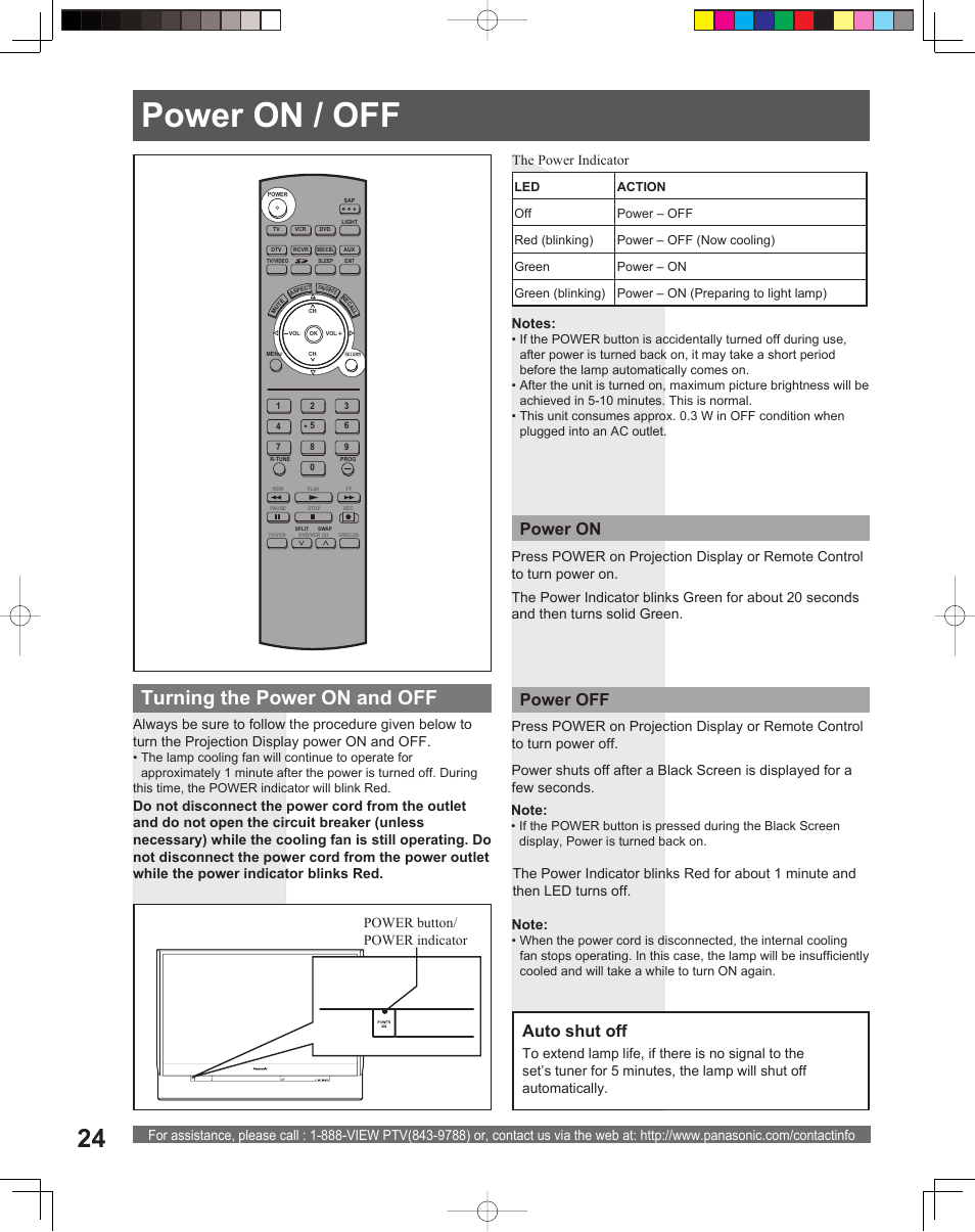 Power on / off, Turning the power on and off, Power on power off | Auto shut off | Panasonic PT-52LCX15 User Manual | Page 24 / 80