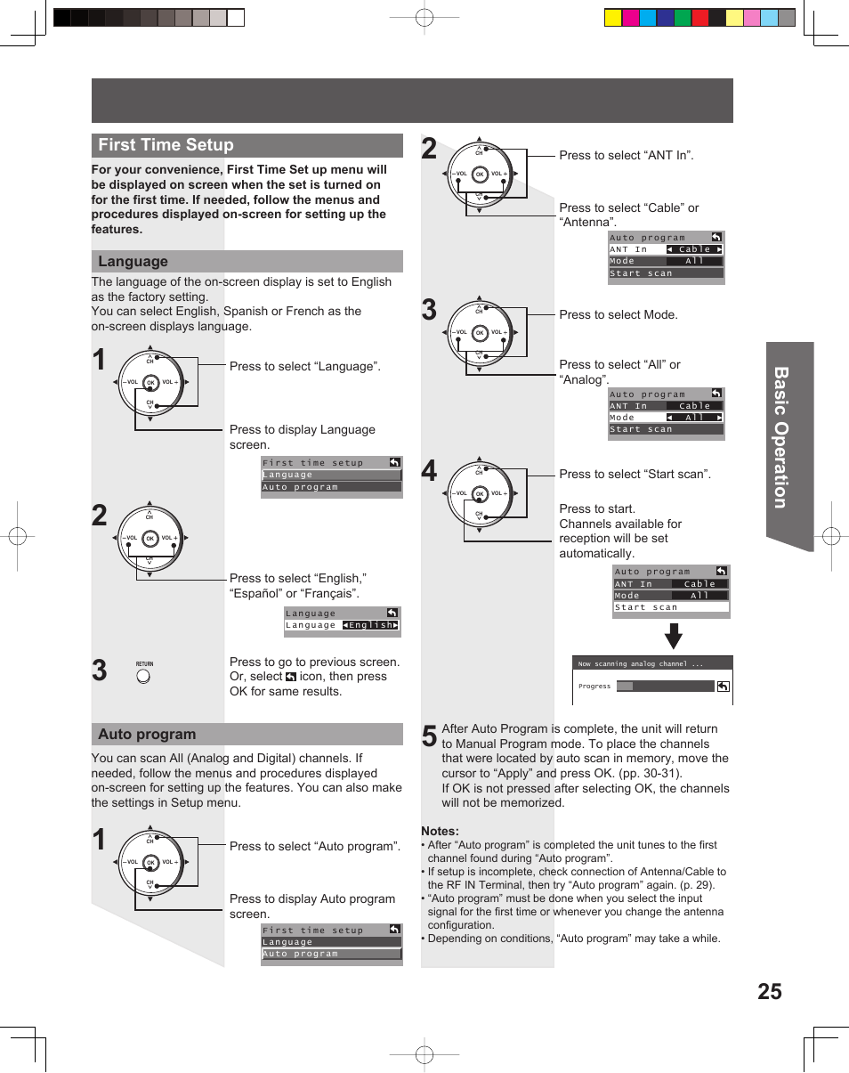 Basic operation, First time setup, Auto program | Language | Panasonic PT-52LCX15 User Manual | Page 25 / 80