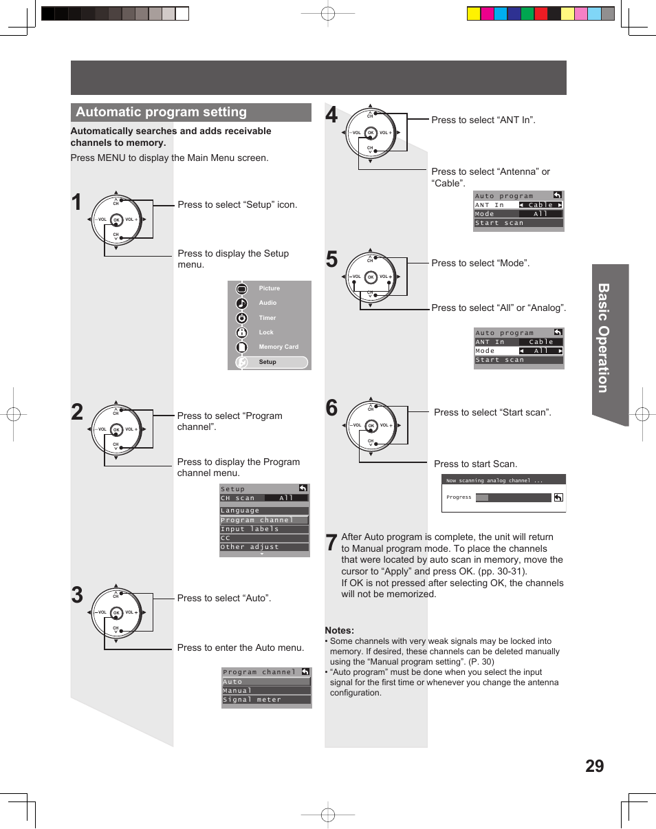 Basic operation, Automatic program setting | Panasonic PT-52LCX15 User Manual | Page 29 / 80