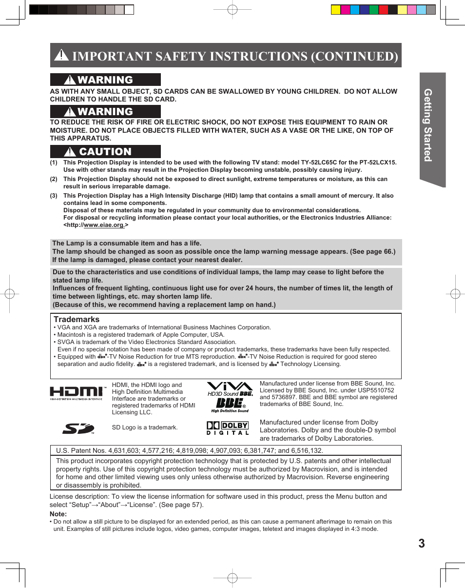 Important safety instructions (continued), Getting start ed, Warning | Caution | Panasonic PT-52LCX15 User Manual | Page 3 / 80