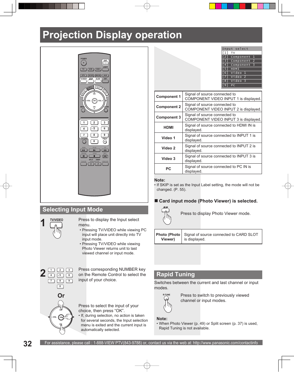 Projection display operation, Rapid tuning, Selecting input mode | Card input mode (photo viewer) is selected, Press to display photo viewer mode | Panasonic PT-52LCX15 User Manual | Page 32 / 80