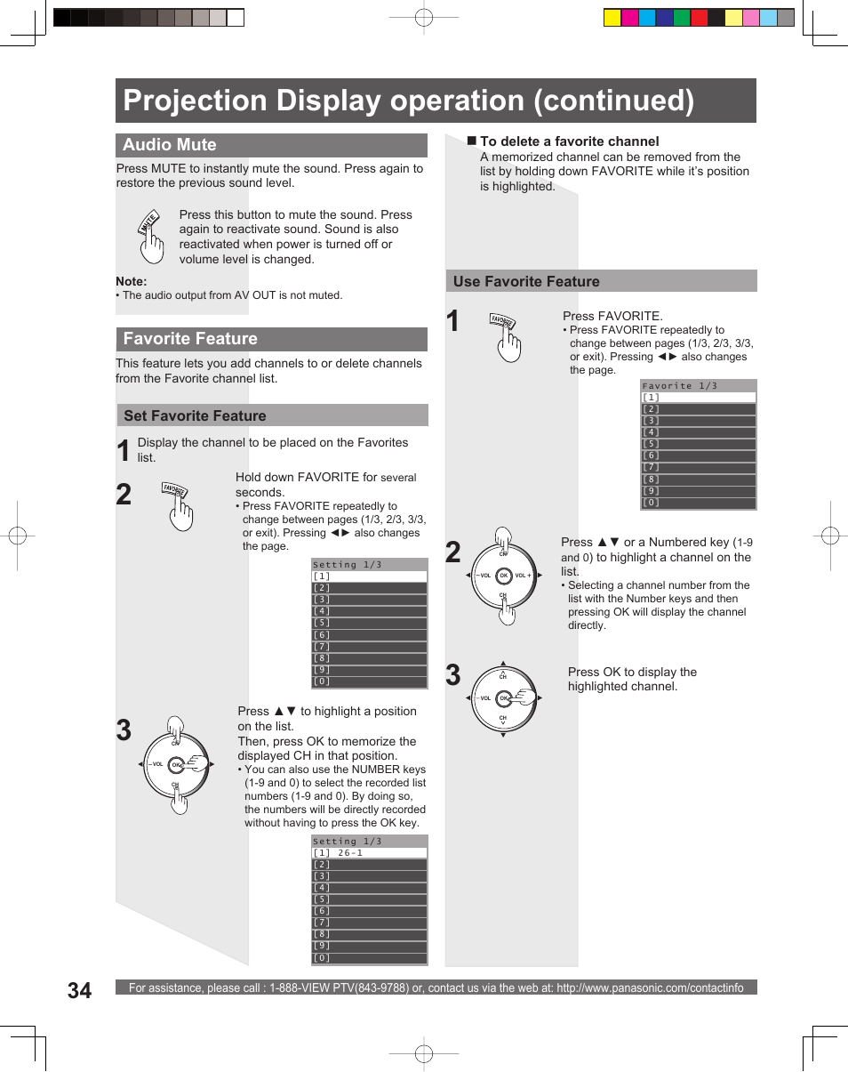 3projection display operation (continued), Audio mute, Favorite feature | Panasonic PT-52LCX15 User Manual | Page 34 / 80