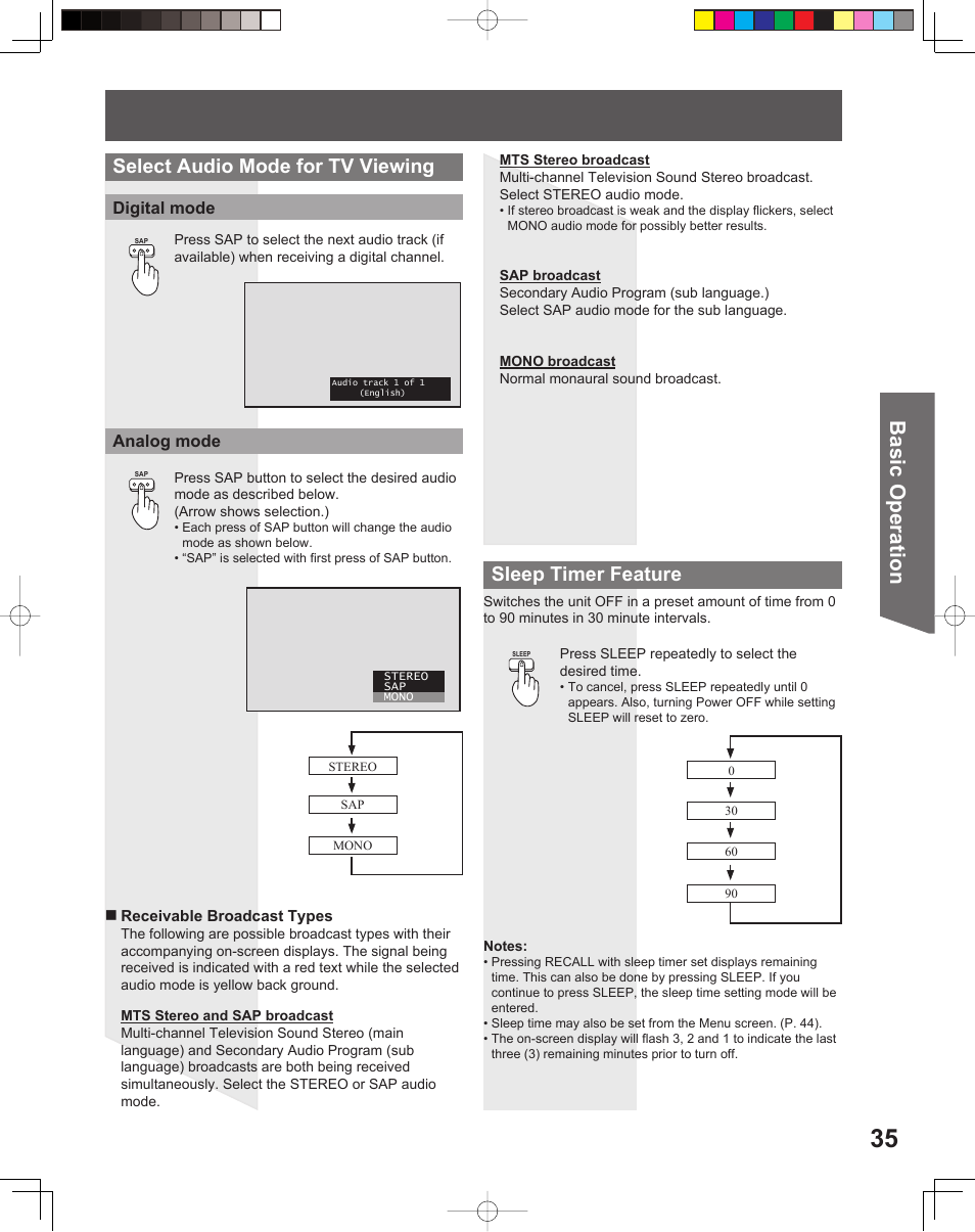 Basic operation, Select audio mode for tv viewing, Sleep timer feature | Panasonic PT-52LCX15 User Manual | Page 35 / 80