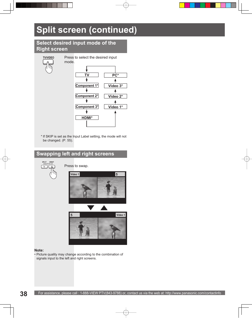 Split screen (continued), Swapping left and right screens, Select desired input mode of the right screen | Panasonic PT-52LCX15 User Manual | Page 38 / 80