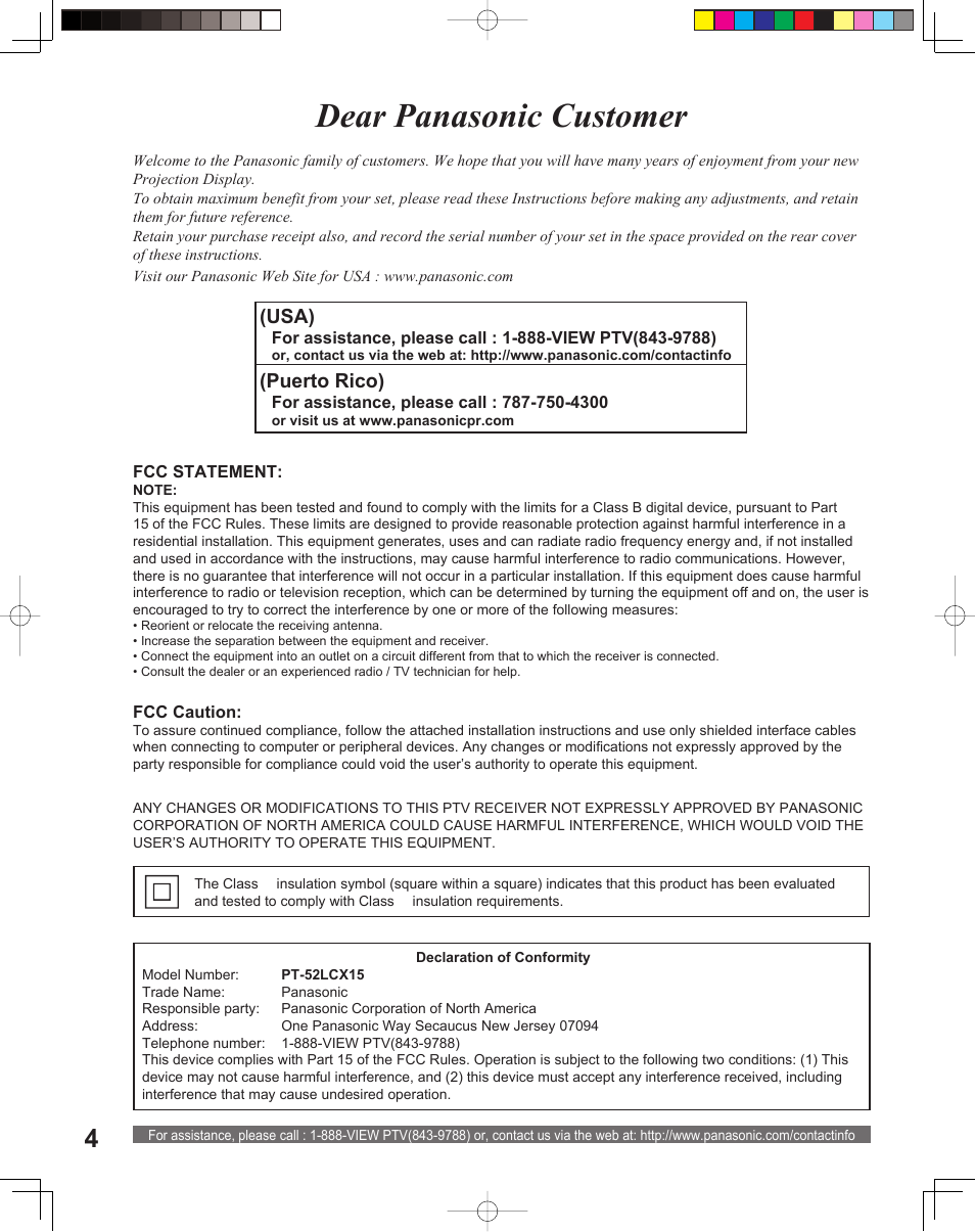 Dear panasonic customer, Usa), Puerto rico) | Panasonic PT-52LCX15 User Manual | Page 4 / 80