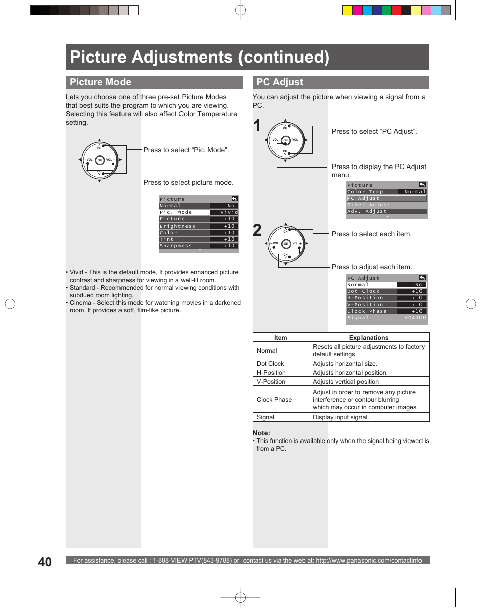 Picture adjustments (continued), Pc adjust, Picture mode | Panasonic PT-52LCX15 User Manual | Page 40 / 80