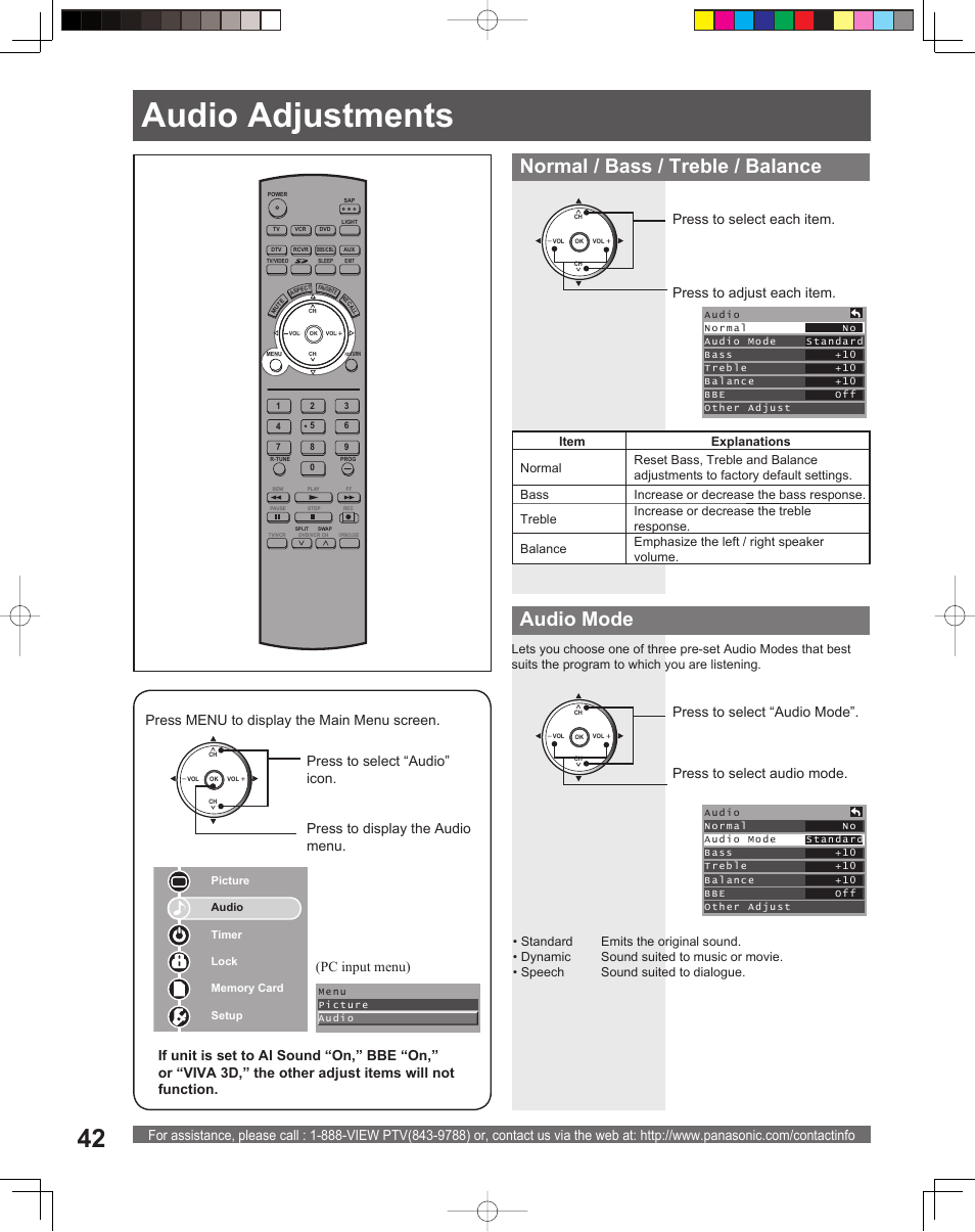 Audio adjustments, Audio ad just ments, Normal / bass / treble / balance | Audio mode, Pc input menu) | Panasonic PT-52LCX15 User Manual | Page 42 / 80