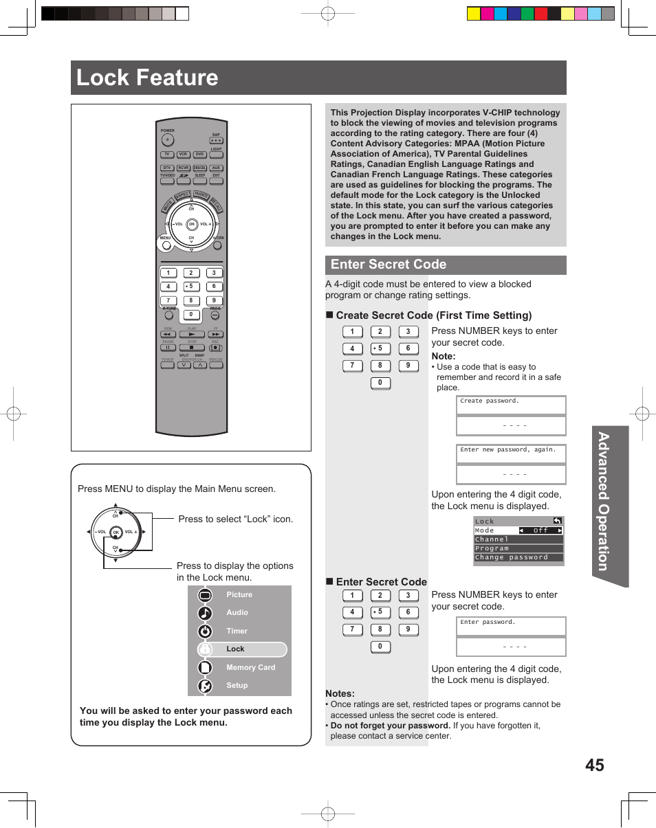 Lock feature, Advanced op er a tion, Enter secret code | Press number keys to enter your secret code | Panasonic PT-52LCX15 User Manual | Page 45 / 80