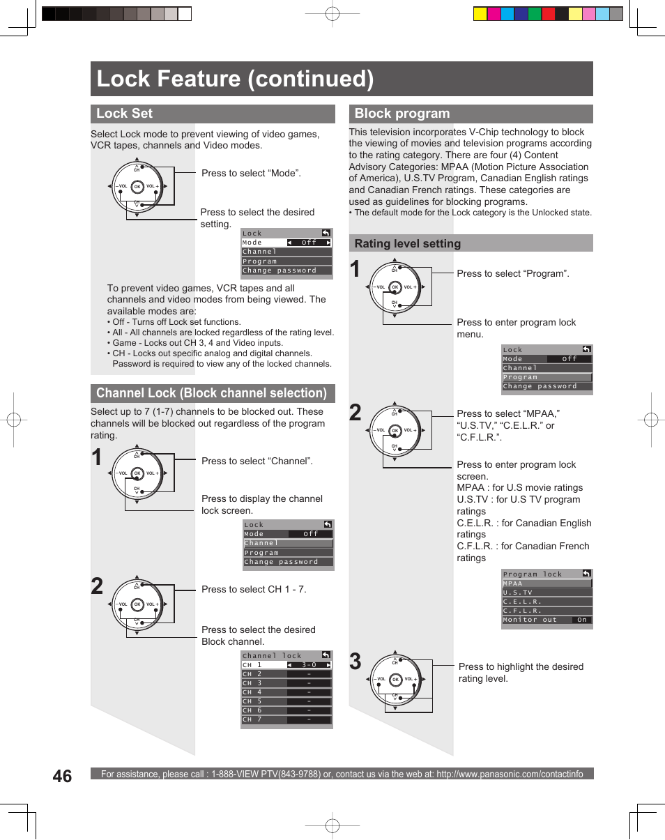 Lock set, Channel lock (block channel selection), Block program | Rating level setting | Panasonic PT-52LCX15 User Manual | Page 46 / 80
