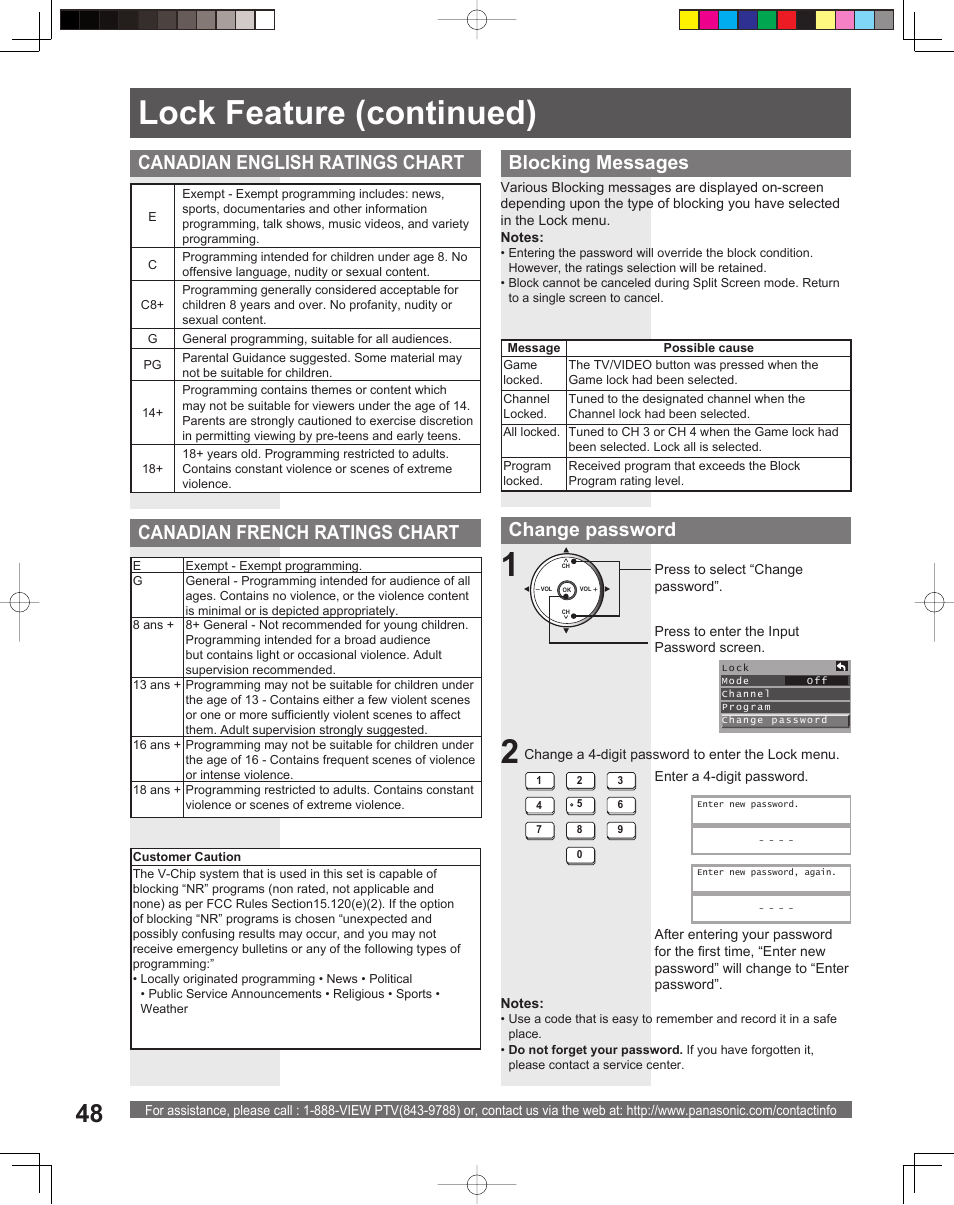 12 lock feature (continued), Canadian english ratings chart, Blocking messages | Change password, Canadian french ratings chart | Panasonic PT-52LCX15 User Manual | Page 48 / 80