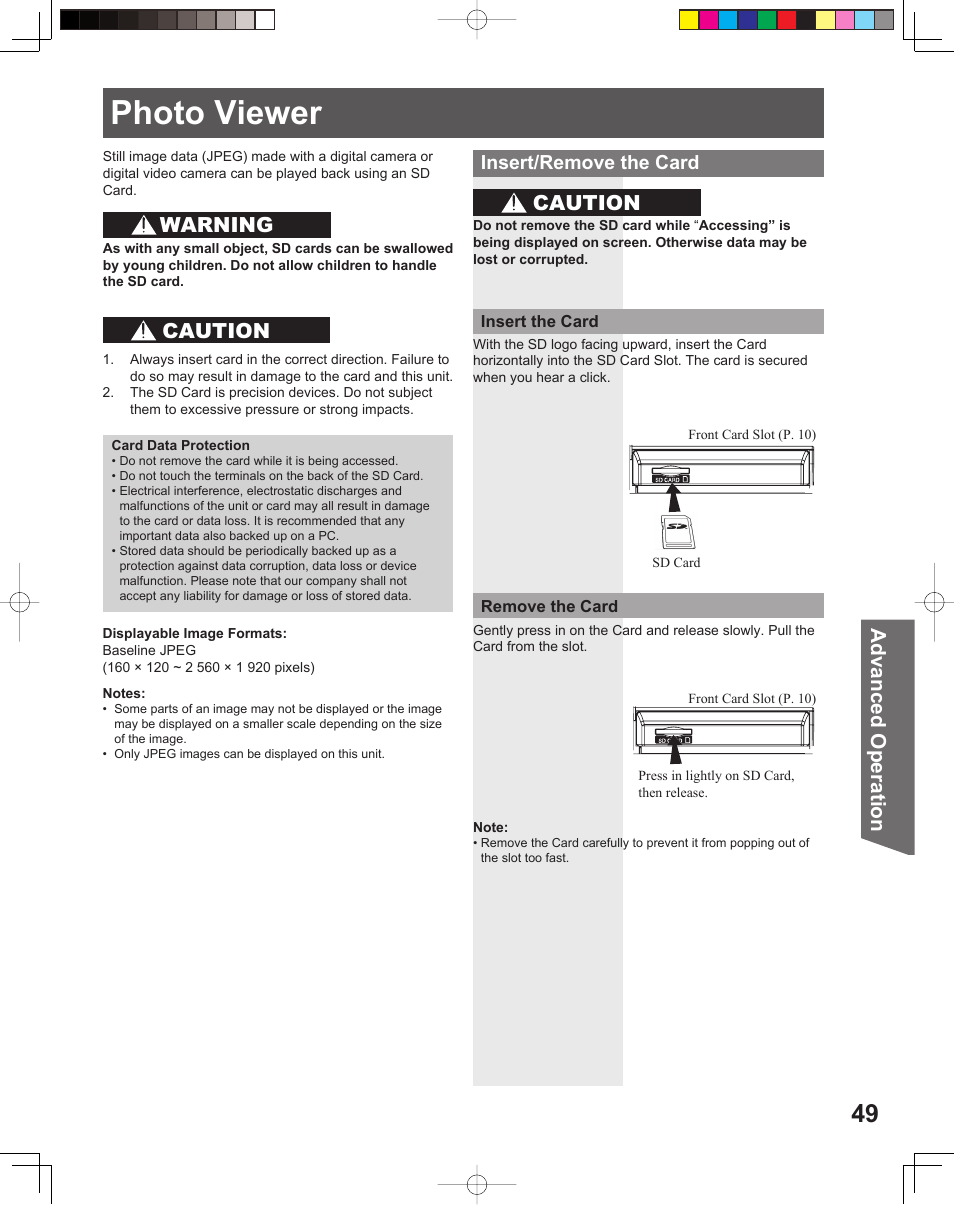 Photo viewer, Advanced op er a tion, Warning | Caution, Insert/remove the card | Panasonic PT-52LCX15 User Manual | Page 49 / 80