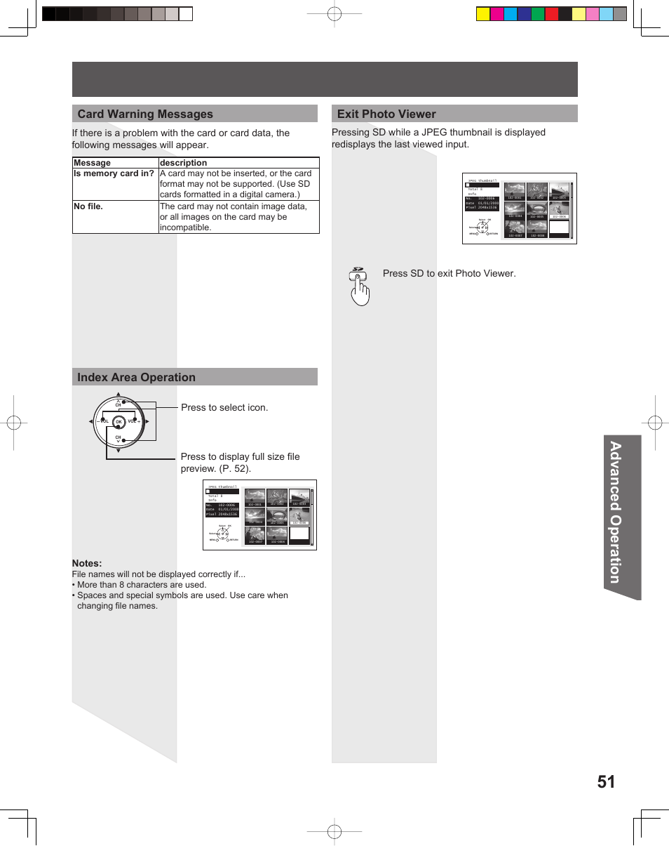 Advanced op er a tion, Exit photo viewer index area operation, Card warning messages | Panasonic PT-52LCX15 User Manual | Page 51 / 80