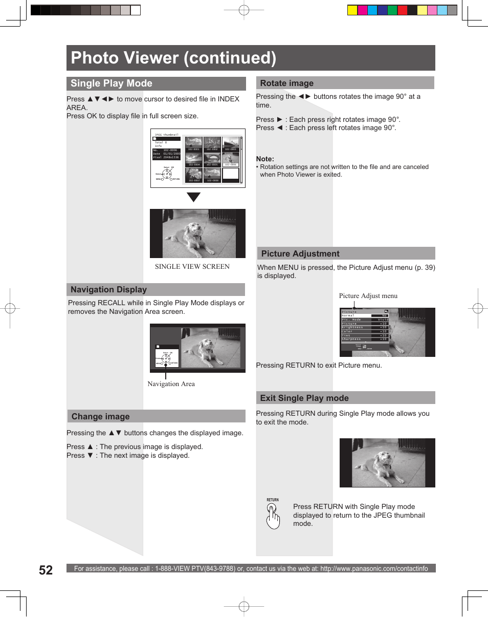 Photo viewer (continued), Single play mode, Picture adjustment | Exit single play mode change image rotate image, Navigation display, Navigation area | Panasonic PT-52LCX15 User Manual | Page 52 / 80