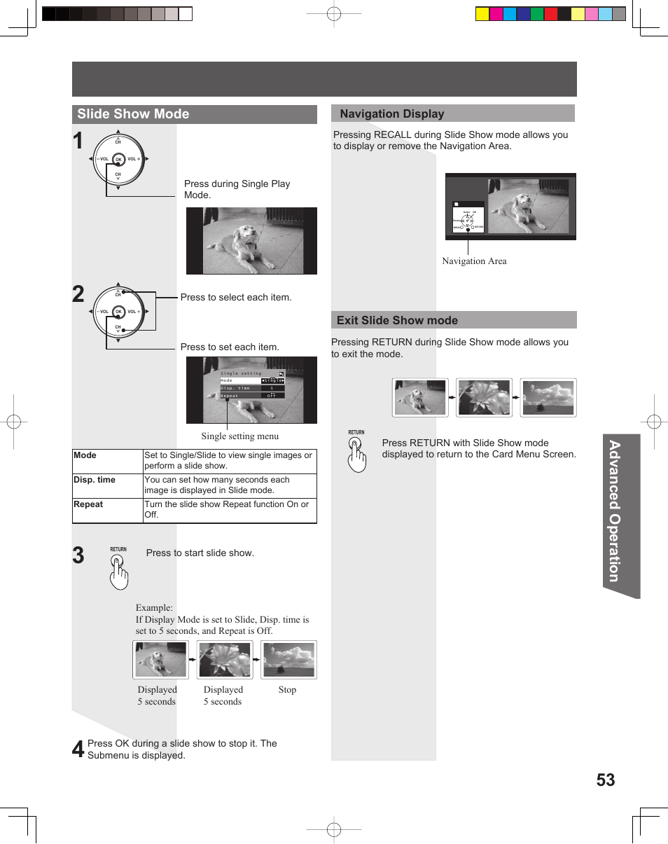 Advanced op er a tion, Slide show mode, Exit slide show mode navigation display | Panasonic PT-52LCX15 User Manual | Page 53 / 80