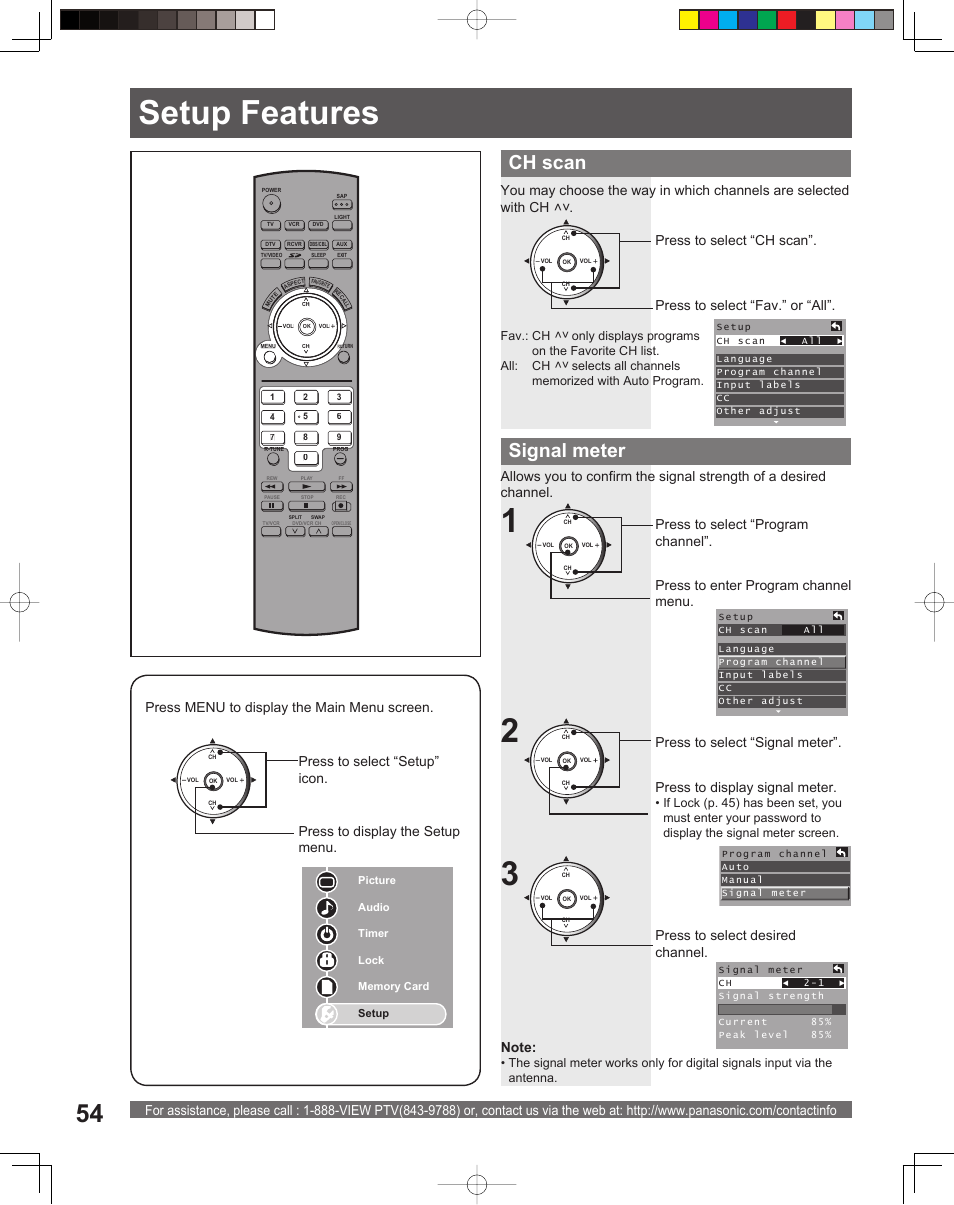 Setup features, 21 setup features, Signal meter | Ch scan, Press to select desired channel | Panasonic PT-52LCX15 User Manual | Page 54 / 80