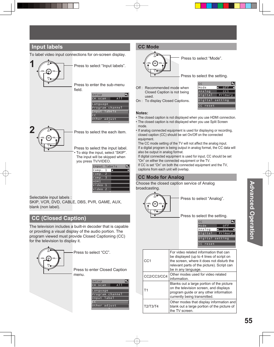 Advanced op er a tion, Input labels, Cc (closed caption) | Cc mode cc mode for analog | Panasonic PT-52LCX15 User Manual | Page 55 / 80