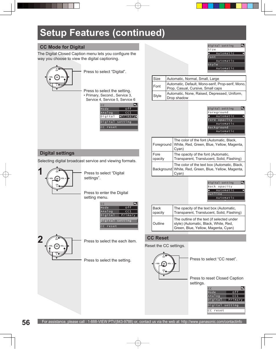 Setup features (continued), Cc mode for digital, Digital settings | Cc reset | Panasonic PT-52LCX15 User Manual | Page 56 / 80